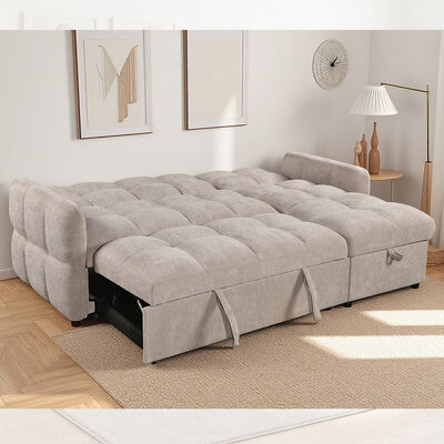 Canapé-lit sectionnel en forme de L avec lit gigogne, dossier réglable et méridienne de rangement, tissu beige