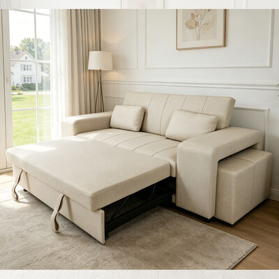 Canapé-lit convertible queen size, lit gigogne confortable avec dossier réglable, accoudoirs avec poufs, cuir technique beige