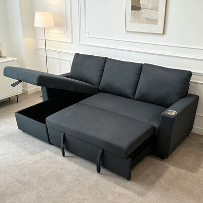 Canapé couchage en forme de L avec lit et rangement, en tissu gris foncé