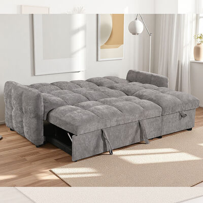 Canapé-lit sectionnel en forme de L avec lit gigogne, dossier réglable et méridienne de rangement, tissu gris