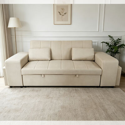 Canapé-lit convertible queen size, lit gigogne confortable avec dossier réglable, accoudoirs avec poufs, cuir technique beige