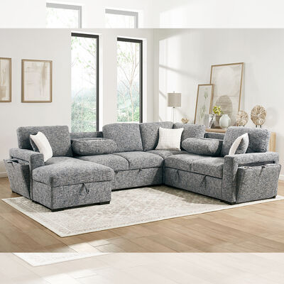 Canapé couchage en forme de U avec lit et table déroulante et rangement fauteuil salon et rangement fauteuil d'amour et porte-gobelets, tissu Navy