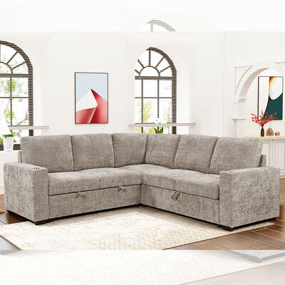 Canapé couchette en forme de L avec lit et porte-gobelets, en tissu taupe