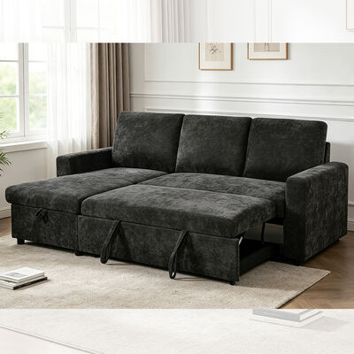 Canapé couchage en forme de L avec lit et rangement, en tissu gris charbon