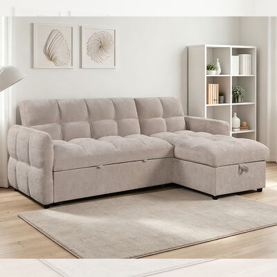 Canapé-lit sectionnel en forme de L avec lit gigogne, dossier réglable et méridienne de rangement, tissu beige