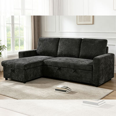 Canapé couchage en forme de L avec lit et rangement, en tissu gris charbon