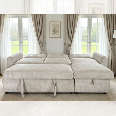 Canapé couchage en forme de L avec lit rétractable et dossier réglable et chaise de rangement, en tissu gris clair