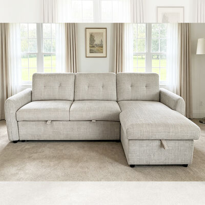 Canapé couchage en forme de L avec lit rétractable et dossier réglable et chaise de rangement, en tissu gris clair