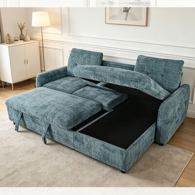 Canapé couchage réversible en forme de L avec lit retraçable et table déroulante et rangement, tissu bleu brumeux