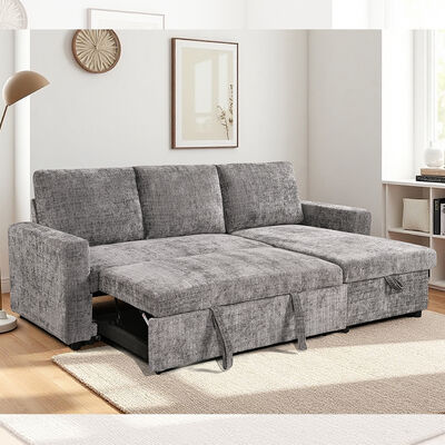 Canapé couchage en forme de L avec lit et rangement, en tissu gris métallique