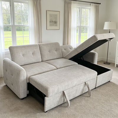 Canapé couchage en forme de L avec lit rétractable et dossier réglable et chaise de rangement, en tissu gris clair