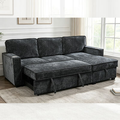 Canapé couchage en forme de L avec lit et table de rangement, chenille noir de charbon