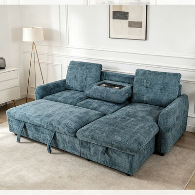 Canapé couchage réversible en forme de L avec lit retraçable et table déroulante et rangement, tissu bleu brumeux
