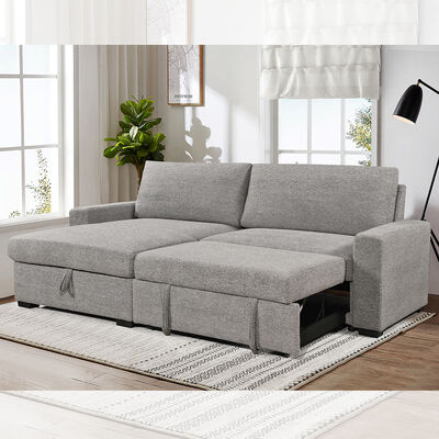 Canapé couchage en forme de L avec lit et rangement, en tissu gris