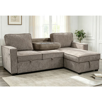 Canapé couchage réversible en forme de L avec lit retractable et table déroulante et rangement, chenille gris brun clair