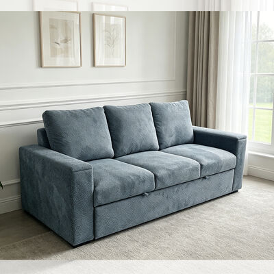 Lit canapé Futon, lit canapé couchage convertible, lit confortable avec dossier réglable, bras avec porte-gobelets en acier inoxydable cachés, tissu bleu