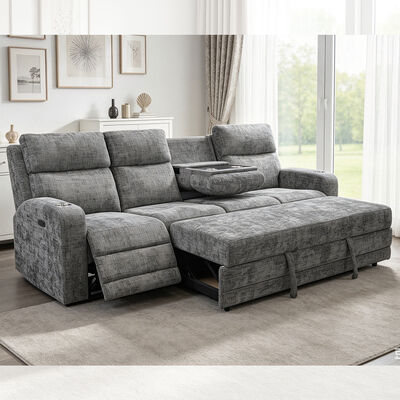 Grand canapé sectionnel avec lit rétractable et fauteuil roulant, tissu gris métallique