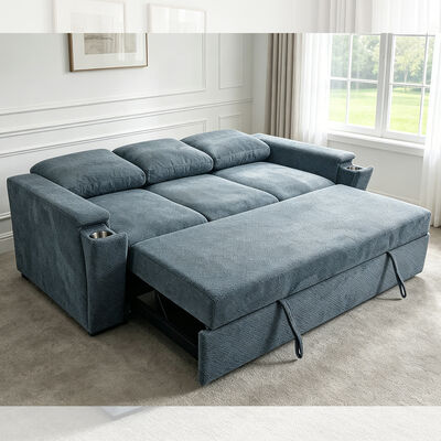Lit canapé Futon, lit canapé couchage convertible, lit confortable avec dossier réglable, bras avec porte-gobelets en acier inoxydable cachés, tissu bleu