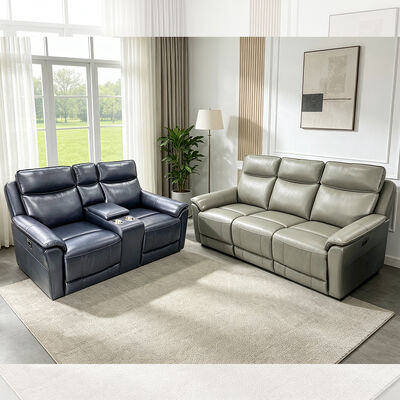 Recliner Sofa set with Storage Box, Light Gray or Navy Top grain leather