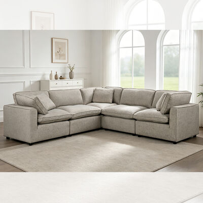 Canapé modulaire sectionnel avec coussin de siège et oreillers en mélange de plumes, tissu gris