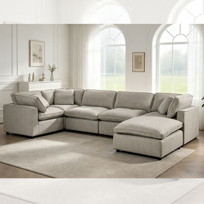 Canapé modulaire sectionnel avec coussin de siège et oreillers en mélange de plumes, tissu gris