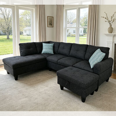 Canapé sectionnel en forme de L avec table déroulante et 2 oreillers, pouf avec rangement, tissu noir