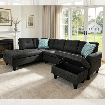 Canapé sectionnel en forme de L avec table déroulante et 2 oreillers, pouf avec rangement, tissu noir