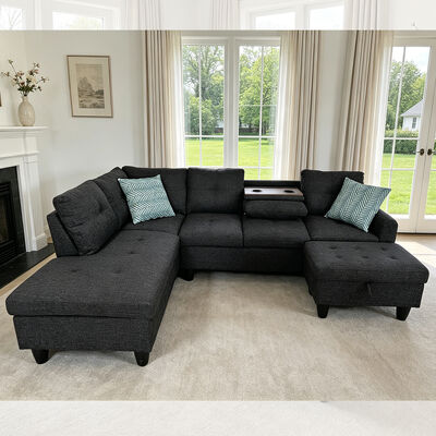 Canapé sectionnel en forme de L avec table déroulante et 2 oreillers, pouf avec rangement, tissu noir