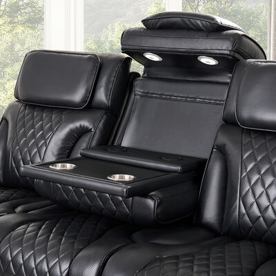 Un ensemble de canapés avec sièges et appuie-tête et table déroulante et haut-parleur et rangement et lumière LED, fonction de massage, cuir noir