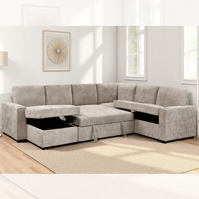 U-Shaped Sectional Sleeper Sofa with Pull Out Bed and Storage Chaise Lounge and Storage Sofa et porte-copes, en tissu taupe