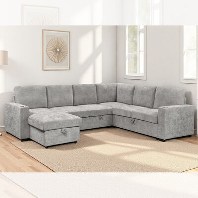Canapé couchette en forme de U avec lit et rangement à étirer Chaise salon et rangement Canapé et porte-gobelets, en tissu gris