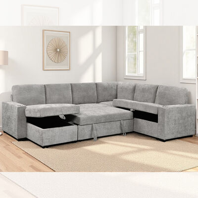 Canapé couchette en forme de U avec lit et rangement à étirer Chaise salon et rangement Canapé et porte-gobelets, en tissu gris