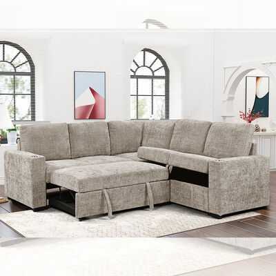 Canapé couchette en forme de L avec lit et porte-gobelets, en tissu taupe