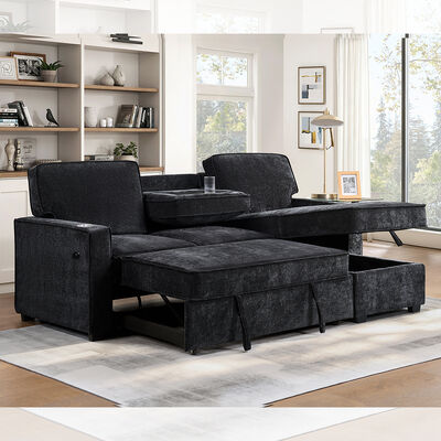 Canapé couchage en forme de L avec lit et table de rangement, chenille noir de charbon
