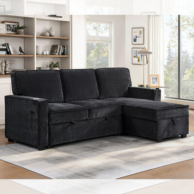 Canapé couchage en forme de L avec lit et table de rangement, chenille noir de charbon