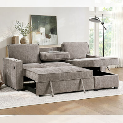 Canapé couchage réversible en forme de L avec lit retractable et table déroulante et rangement, chenille gris brun clair
