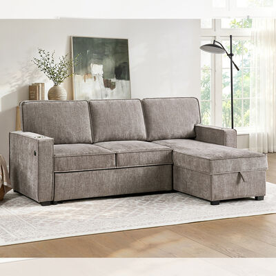 Canapé couchage réversible en forme de L avec lit retractable et table déroulante et rangement, chenille gris brun clair