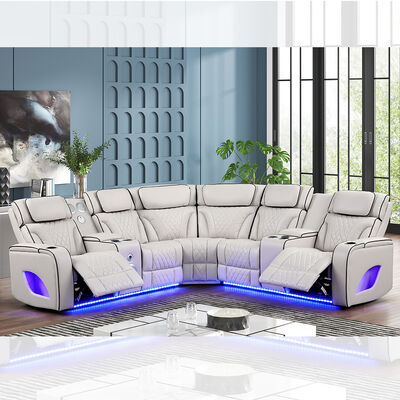 Canapé d'angle inclinable électrique avec 2 sièges inclinables électriques et appuie-tête électriques, haut-parleur, rangement et lumière LED, fonction massage, similicuir beige