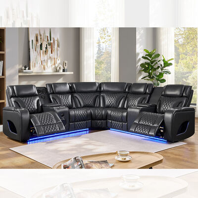 Canapé d'angle avec 2 sièges et appuie-tête et haut-parleur et rangement et lumière LED, fonction de massage, cuir noir