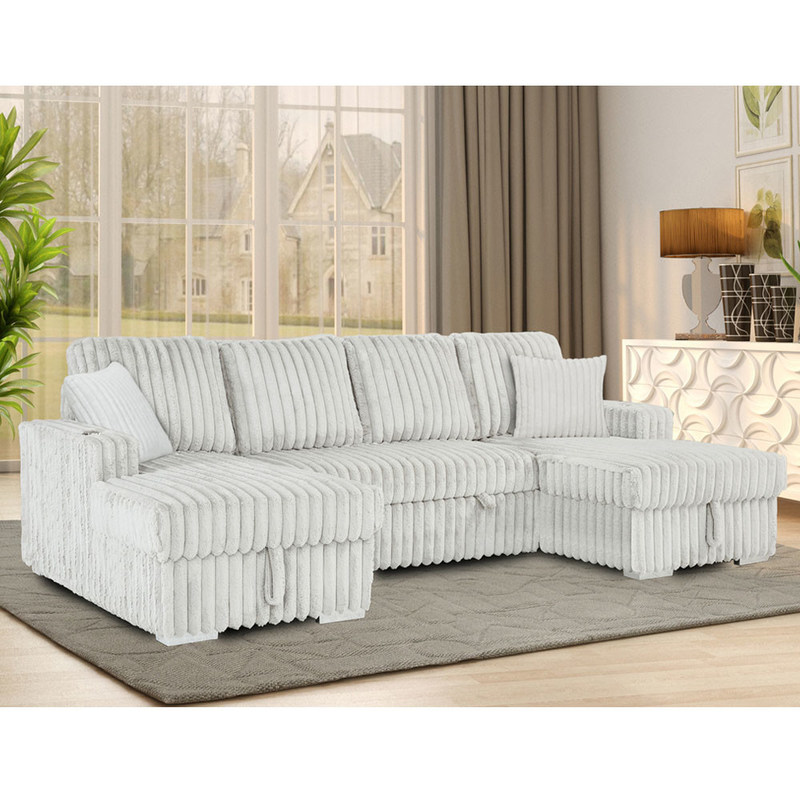 Canapé couchette en forme de U avec lit et rangement à étirer Chaise et porte-gobelets, en tissu de velours gris clair