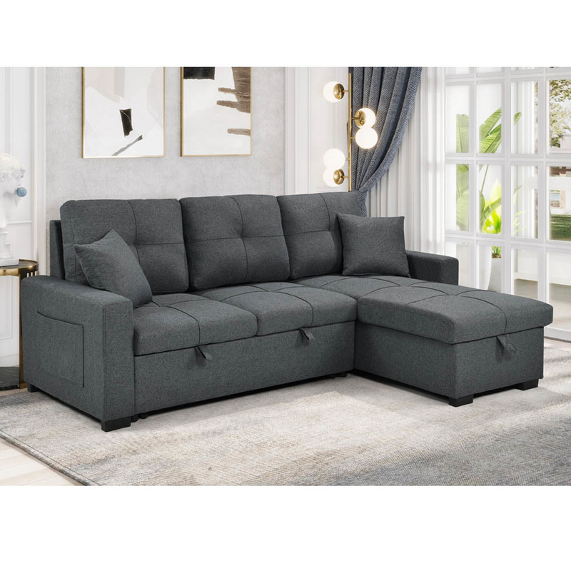 Canapé couchage en forme de L avec lit et rangement, en tissu gris neutre
