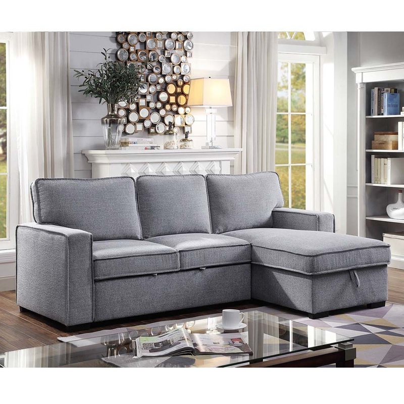 Canapé couchage en forme de L avec lit et rangement, chenille grise