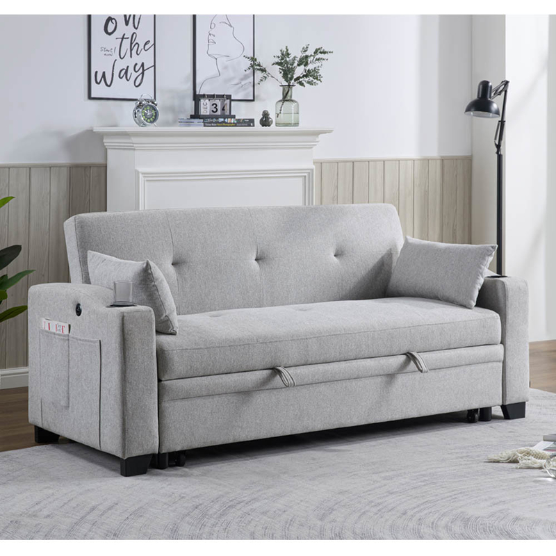 Lit de canapé convertible de taille queen, lit confortable avec dossier réglable et port de charge USB et porte-gobelets, lit de canapé Futon, tissu gris