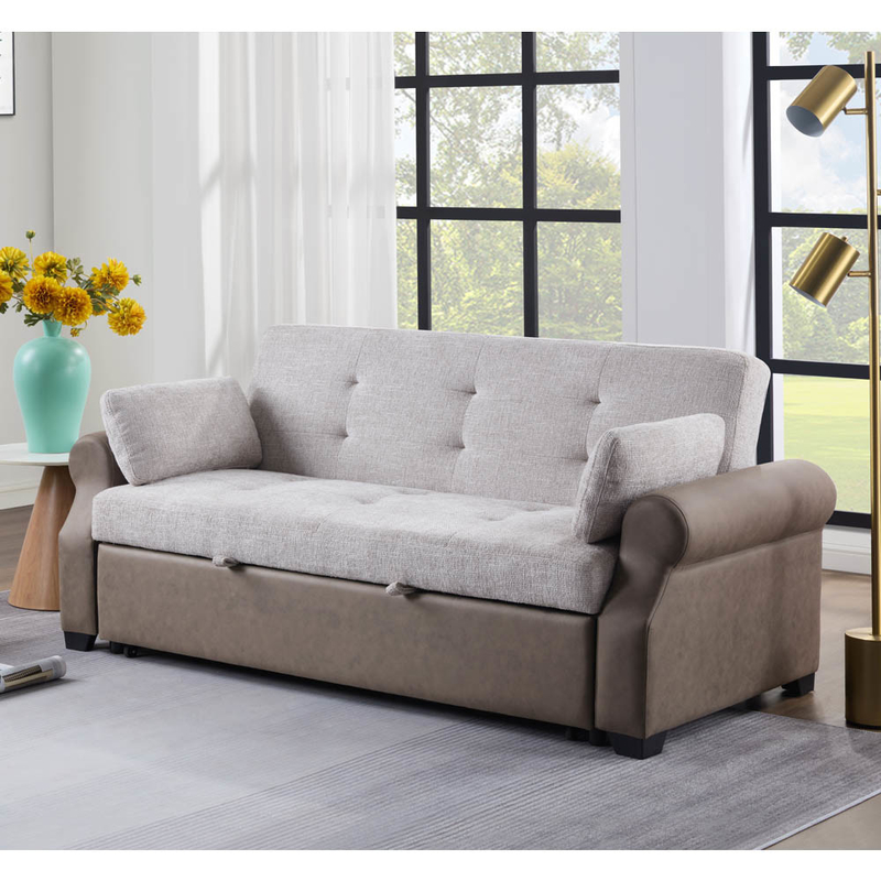Lit de canapé convertible de taille queen, lit confortable avec dossier réglable, lit de canapé Futon, tissu gris et tissu brun foncé