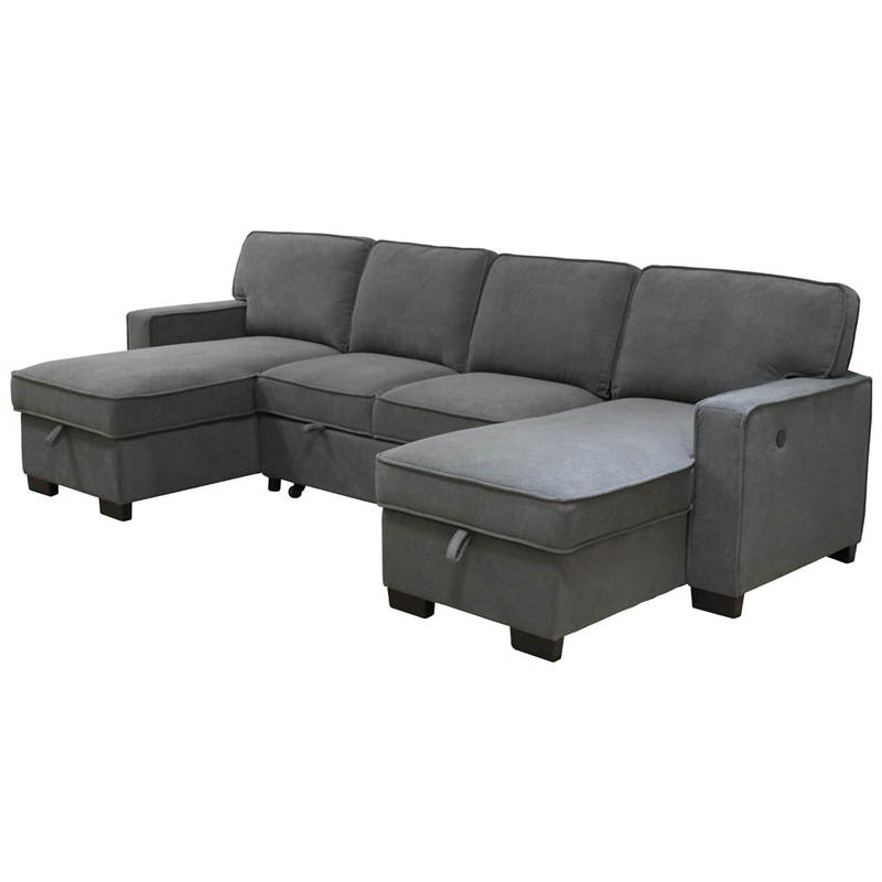Canapé couchette en forme de U avec lit et fauteuil de rangement et port de charge USB et 1 table déroulante réversible, chenille grise