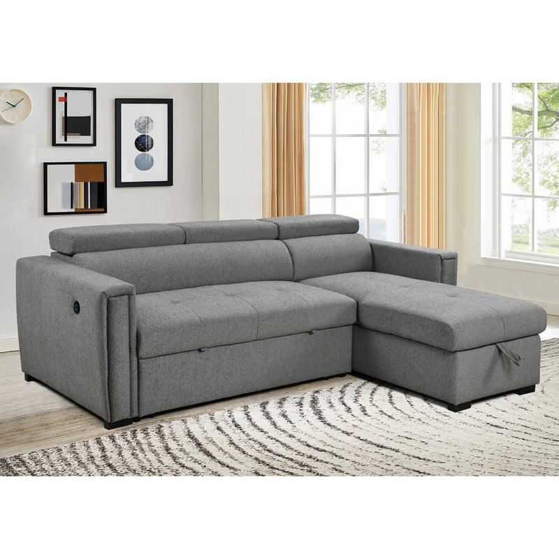 Canapé couchage réversible en forme de L avec lit et rangement rétractables et ports de recharge USB, chenille grise métallique
