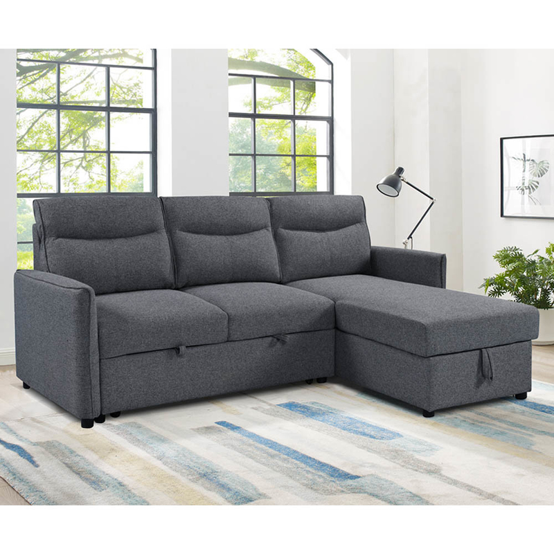 Canapé couchage en forme de L avec lit et rangement, en tissu gris neutre