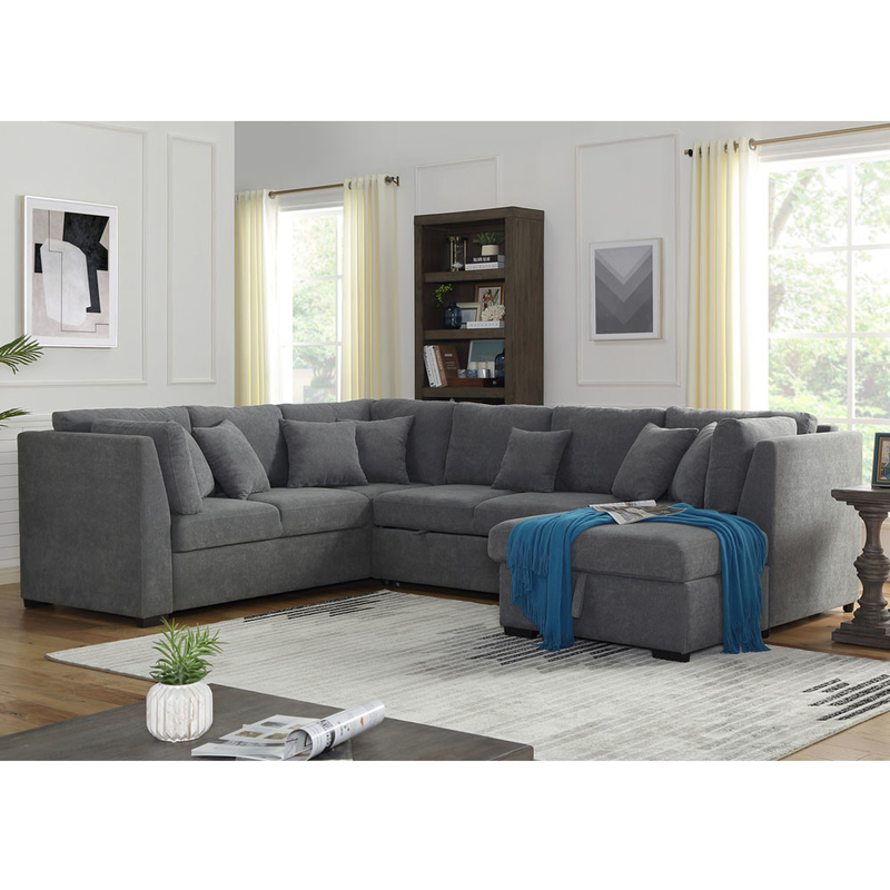 Canapé couchette en forme de U avec lit et rangement à étirer Chaise-salon, tissu de lin gris