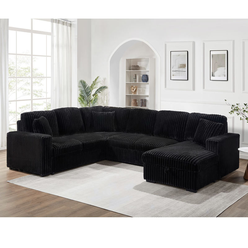Canapé couchage en forme de U avec lit et rangement à étirer Chaise de salon et port de recharge USB, tissu de corduroy noir