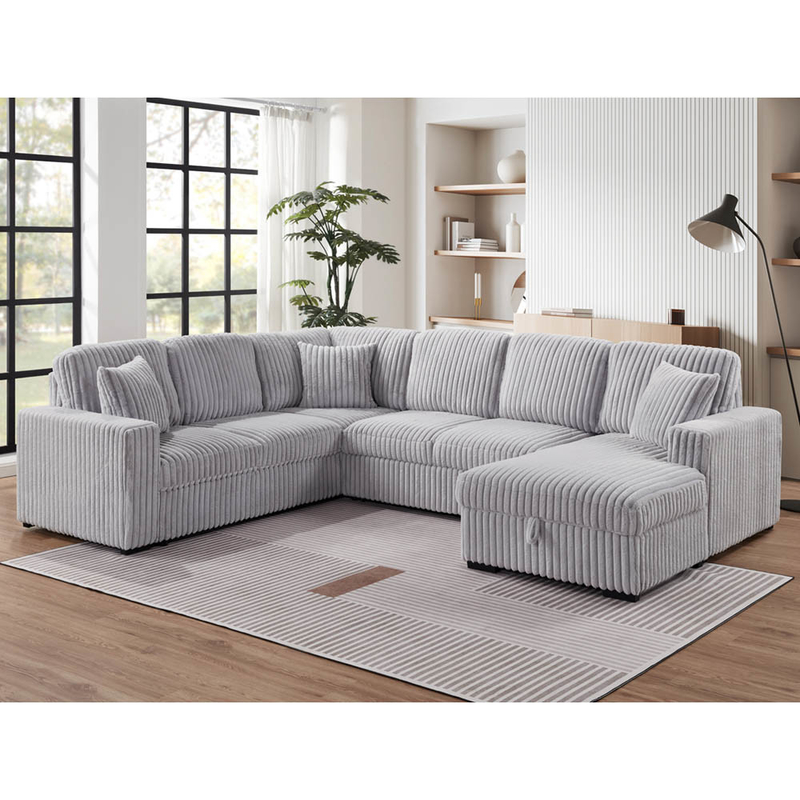 Canapé couchage en forme de U avec lit et rangement à étirer Chaise de salon et port de recharge USB, tissu gris en velours